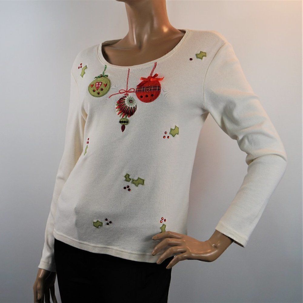 Onque Casuals Christmas Ornaments Applique Shirt Womens Sz S